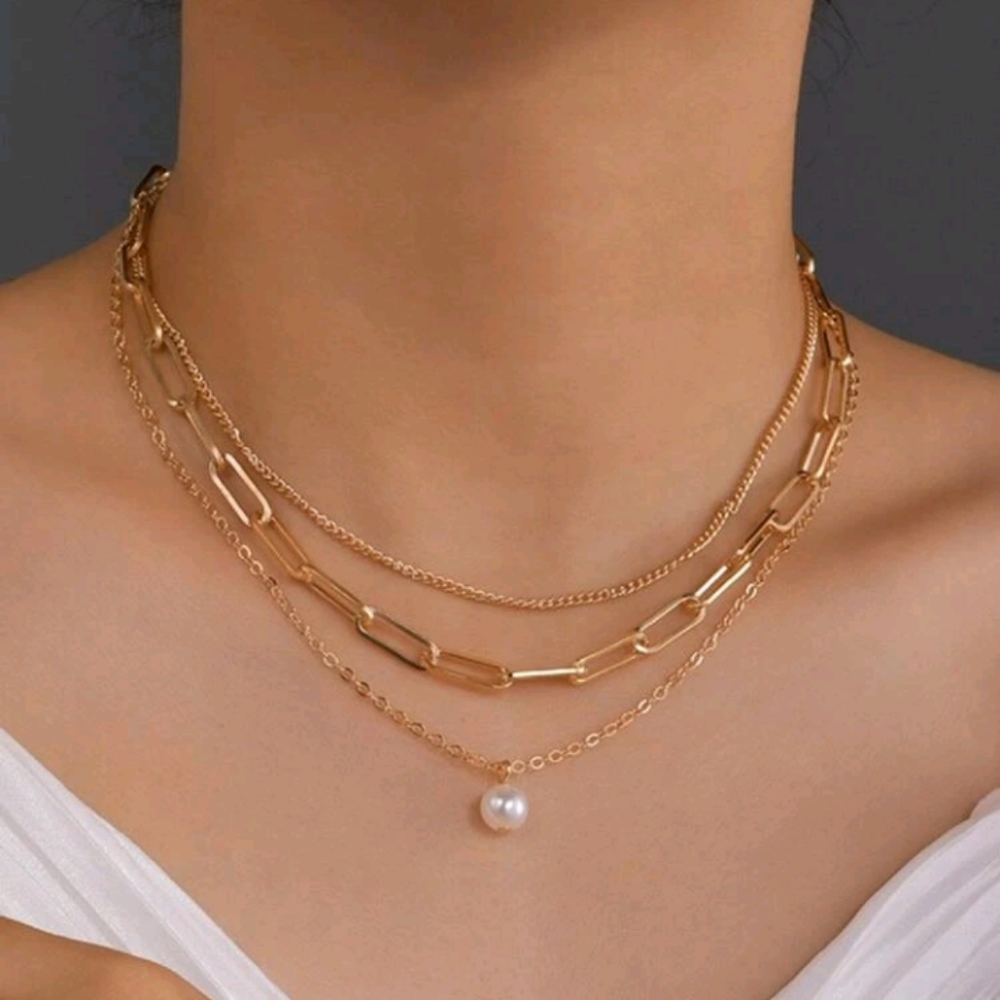 GOLD CHAIN AND PEARL TRIPLE LAYERED CHOKER NECKLACES NEW